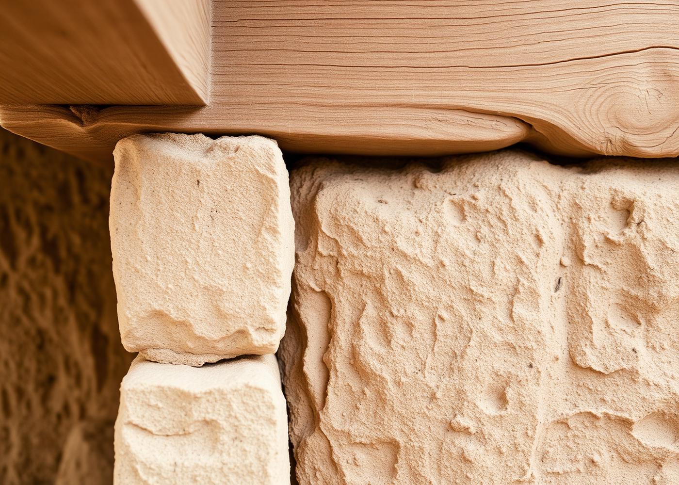 Detalle de materiales naturales: piedra, tierra y madera