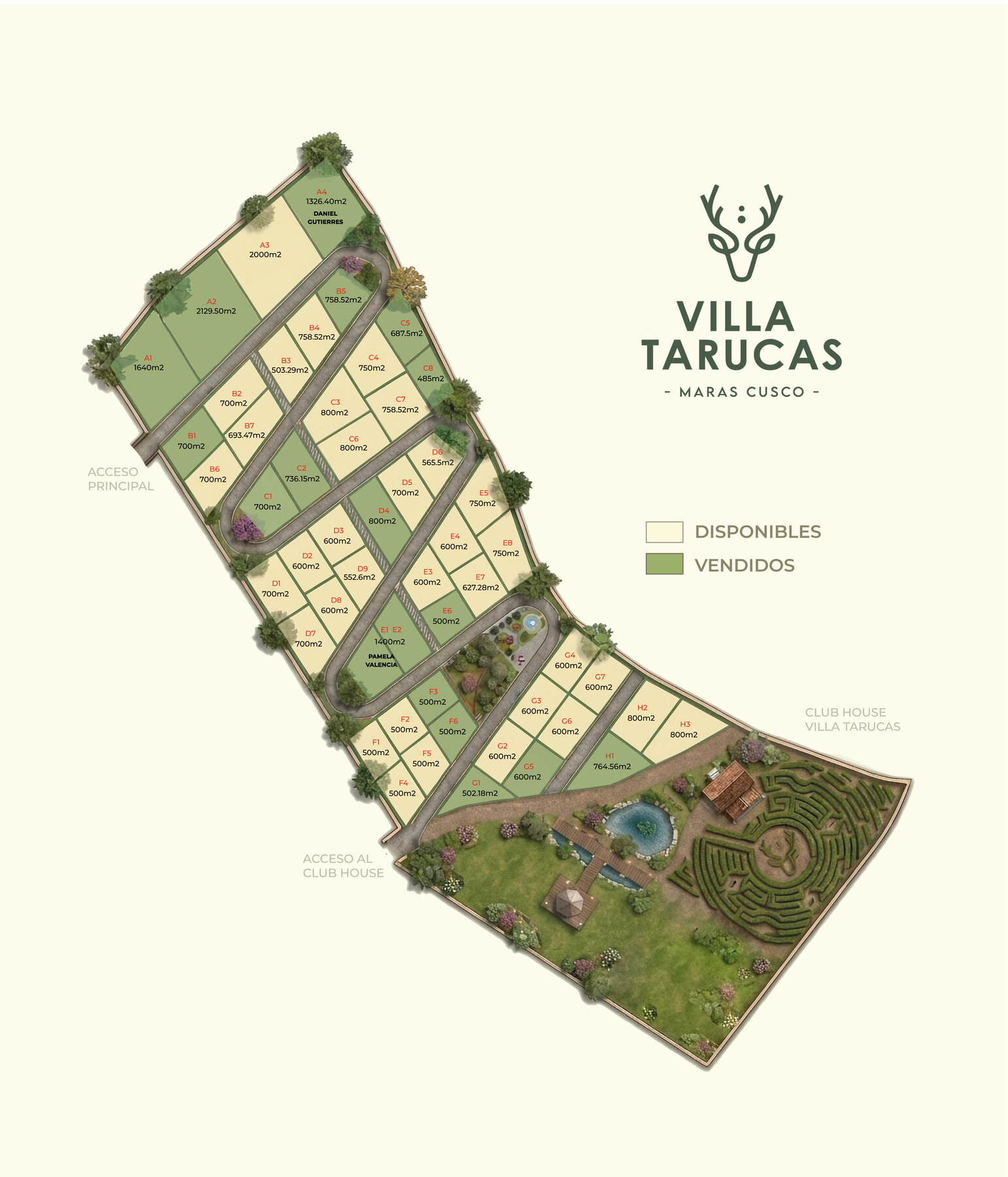 Plano oficial de lotización de Villa Tarucas con manzanas A a H